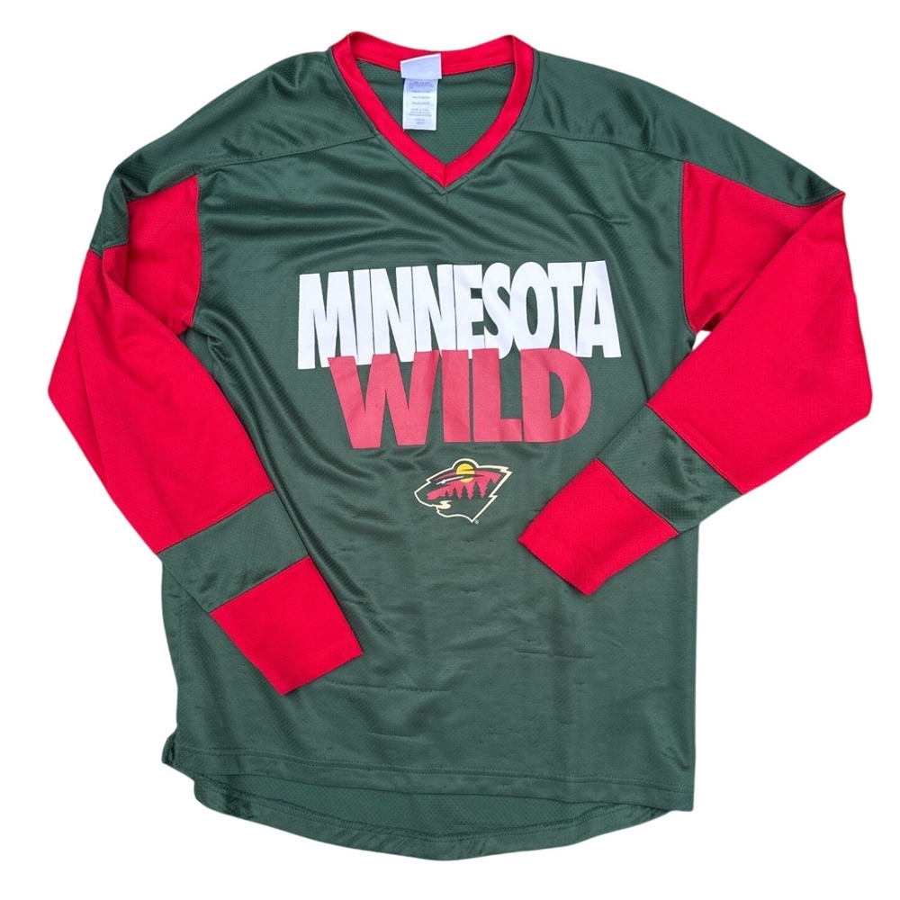 NHL Minnesota Wild Jersey Mens Medium Green Red Long Sleeve Hockey Fan Shirt